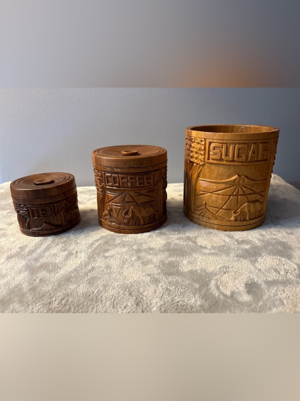Vintage Wood Carved Canisters, Sugar  Lid Missing. Tiki Hawaiian S.C. Vizcarra